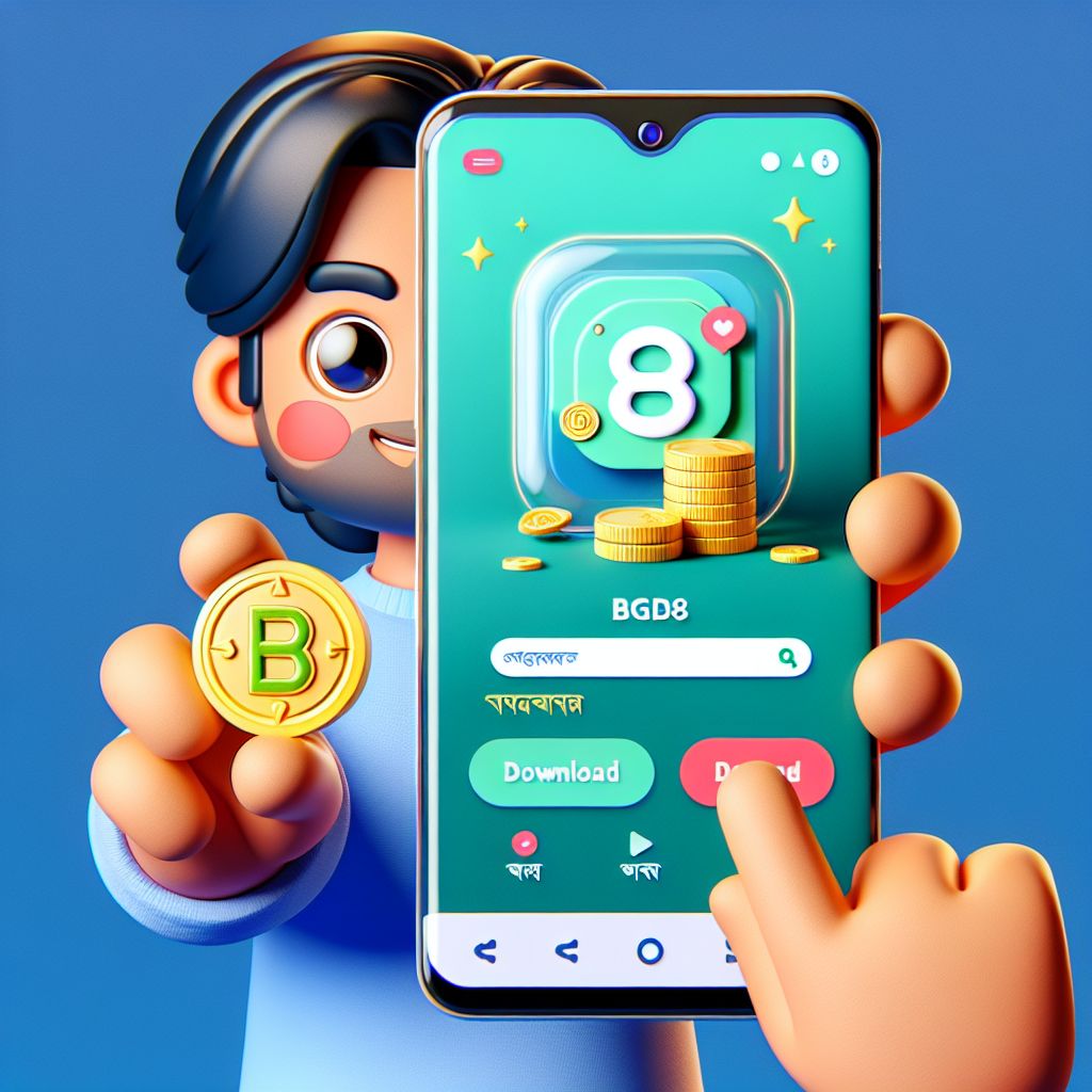 BGD88 app themed cartoon character holding a smartphone with game icons and coins