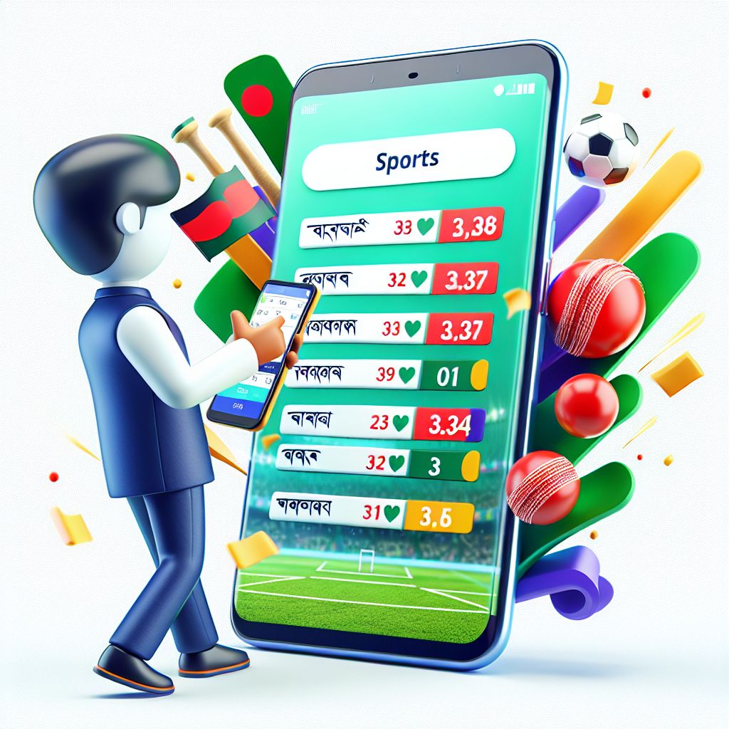 BGD88 themed cartoon bettor with a phone showing live odds and sports icons