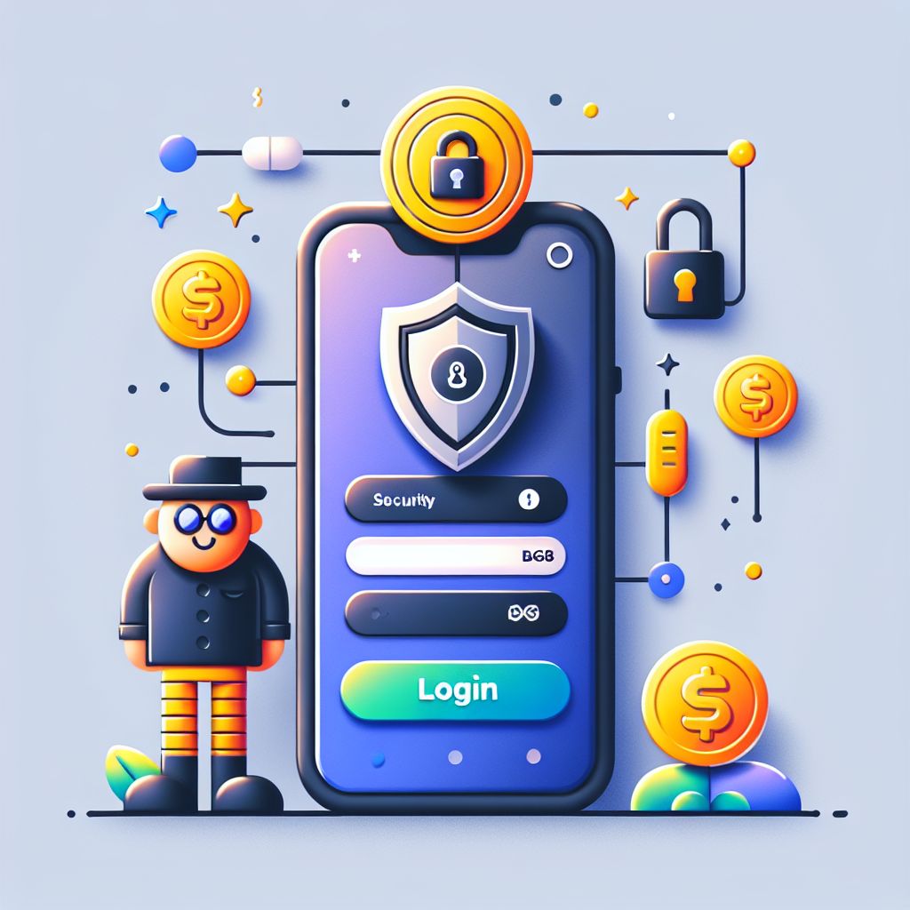 BGD88 themed cartoon character signing in on a mobile phone with a secure shield and coins