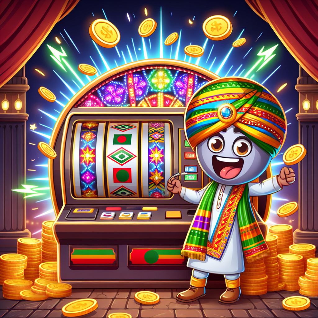 BGD88 themed cartoon character spinning a slot machine with coins and jackpot lights